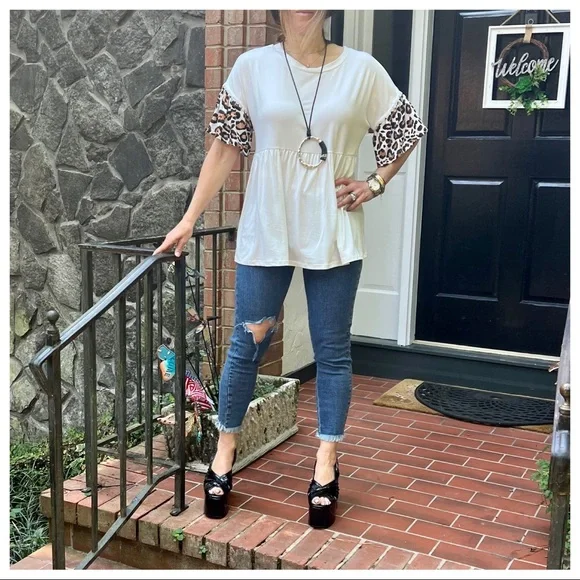 #26 Boho Leopard Trim sleeves tunic soft Flowy baby doll top - Picture 8 of 10
